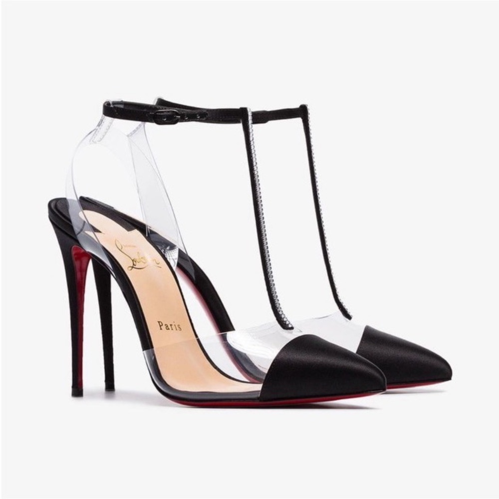 CHRISTIAN LOUBOUTIN Nosy Strass 100 black satin T-strap pumps SIZE 38
